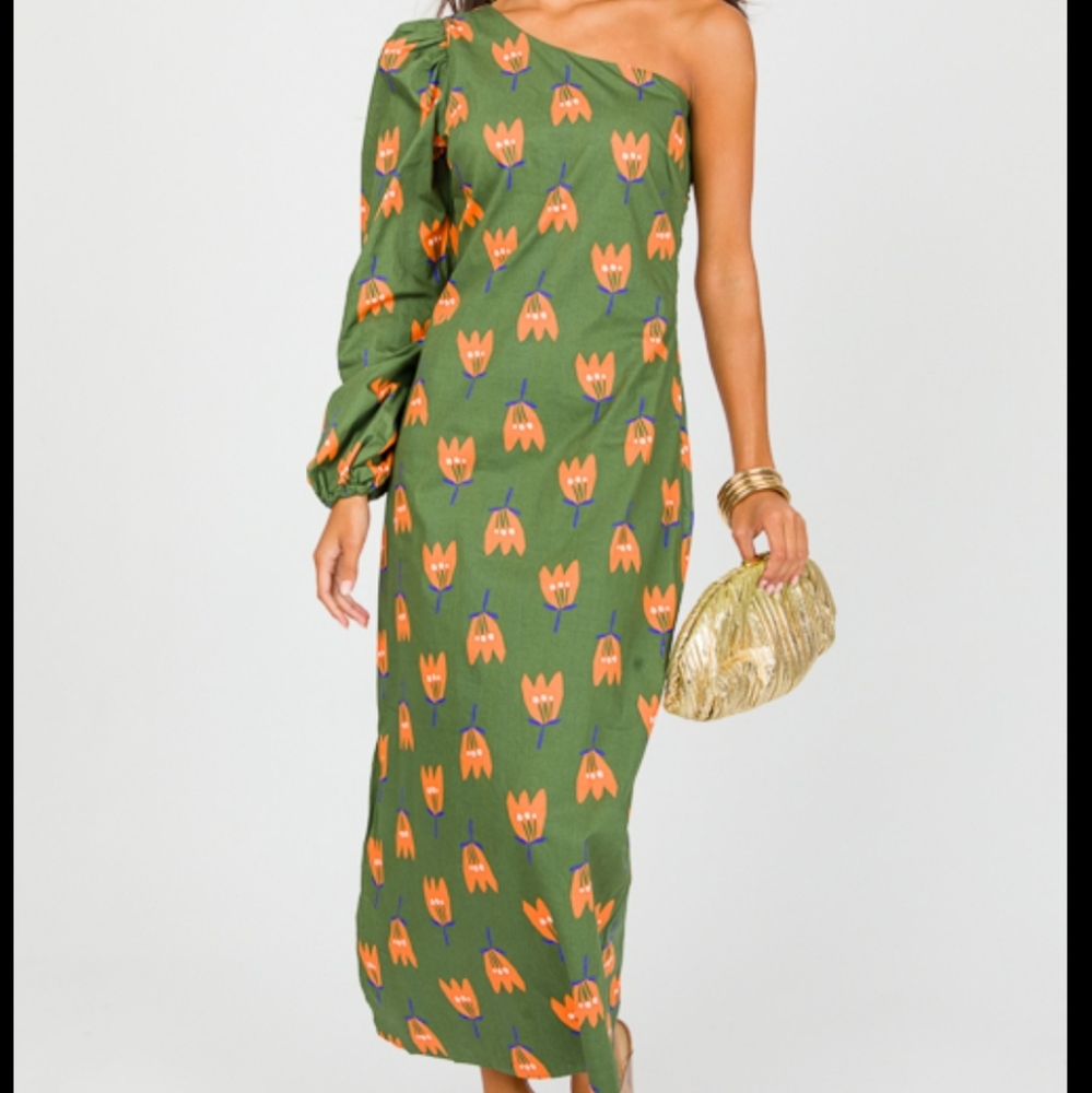 Karlie Poplin Poppy Print One Shoulder Balloon Sleeve Maxi Dress NWT SzM